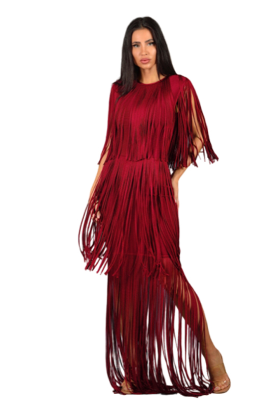 Fringed Red Bandage Maxi Dress | Bandage Κόκκινο Μάξι Φόρεμα Με Κρόσια