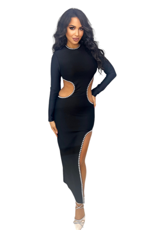 Longsleeve Perl Embellished Black Bandage Maxi Dress | Μαύρο Φόρεμα